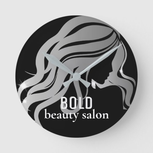 Beauty Salon Business Name Metallic Silver  Black Round Clock