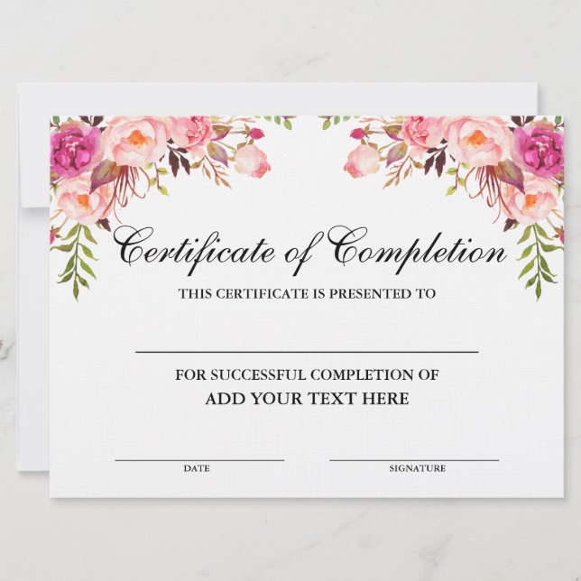 Beauty Salon Certificate of Completion Pink Floral Card (Front)
