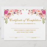 Beauty Salon Certificate of Completion Pink Gold Card<br><div class="desc">Professional, Customizable, Certificate of Completion. Great for classes, training courses, schools, business courses and more. Personalize with your custom text. Add your Business, Company or School Logo. Envelopes available for mailing. Perfect for Beauty Salon for posting at hair stylist station. Elegant Watercolor Pink Blush Floral and botanical greenery. Gold Script....</div>