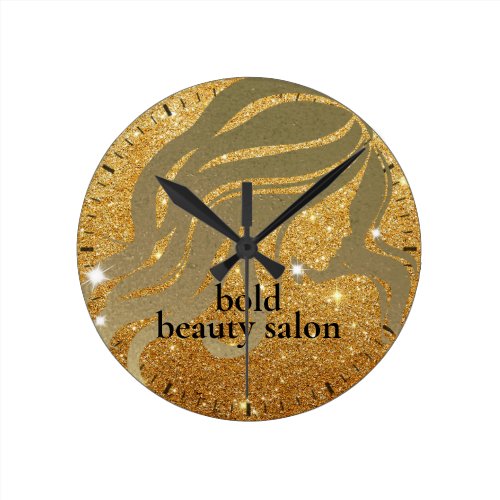 Beauty Salon Custom Name Gold Metallic and Glitter Round Clock