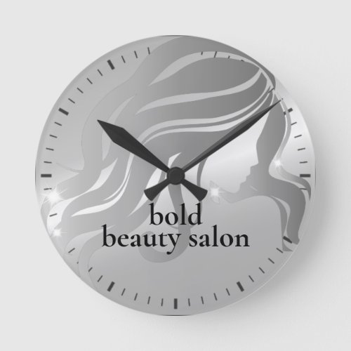 Beauty Salon Custom Name Platinum Silver Metallic Round Clock