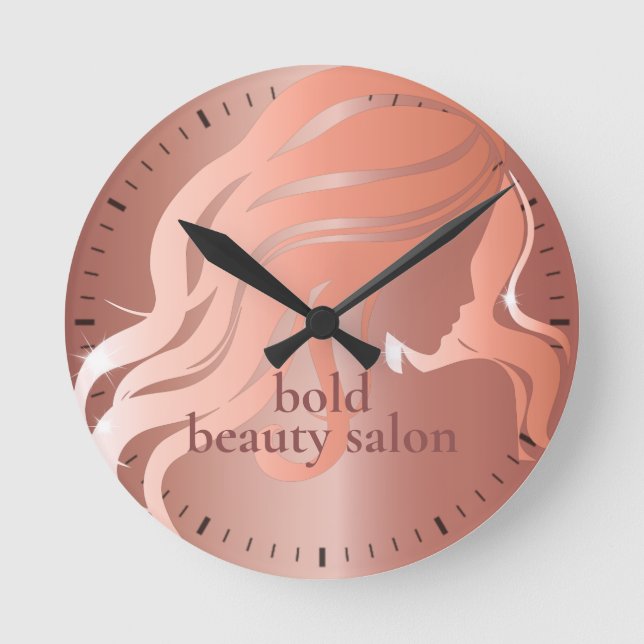 Beauty Salon Custom Name Rose Gold Metallic Wall Round Clock (Front)