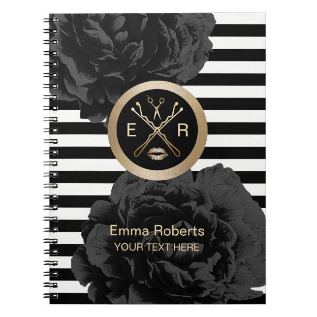 Beauty Salon Elegant Black Floral Modern Stripes Notebook (Front)