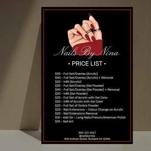 Beauty Salon Elegant Black  Red Price List Foam Board