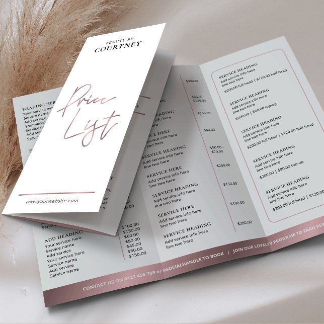 Beauty Salon Elegant Rose Gold Tri-Fold Price List Brochure (Creator Uploaded)
