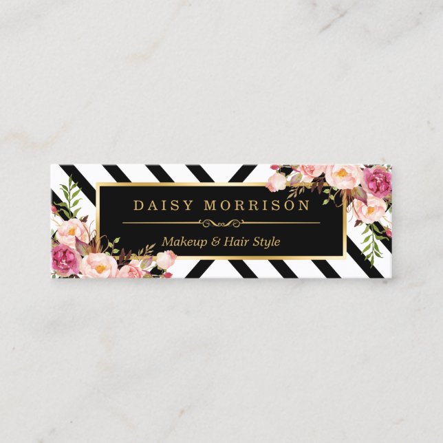 Beauty Salon Floral Gold Abstract Line Pattern Mini Business Card (Front)