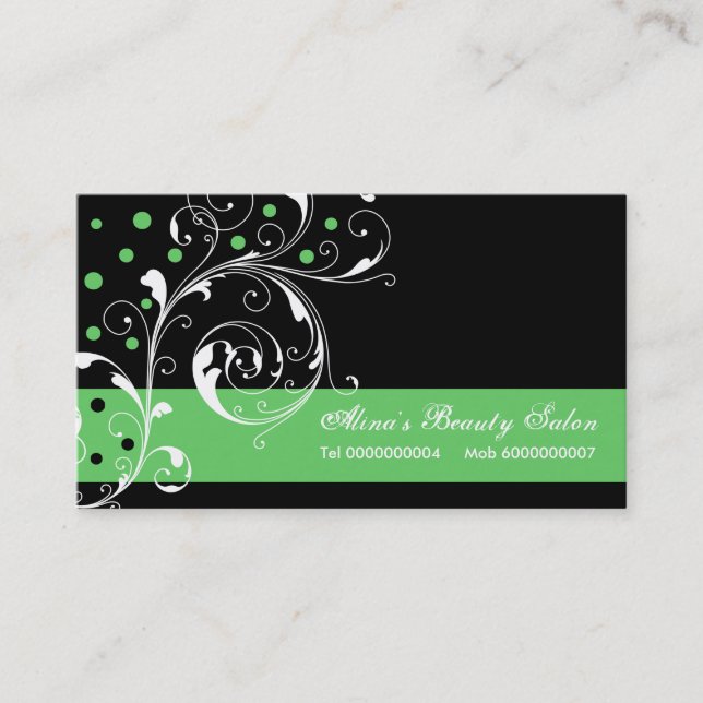 Beauty Salon floral scroll leaf black green Business Card (Front)