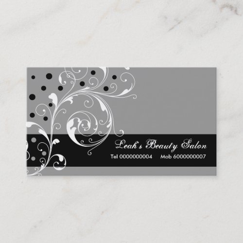 Beauty Salon floral scroll leaf black grey Business Card