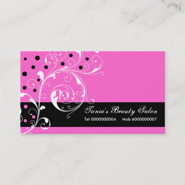 Beauty Salon floral scroll leaf black, hot pink Business Card (Front)