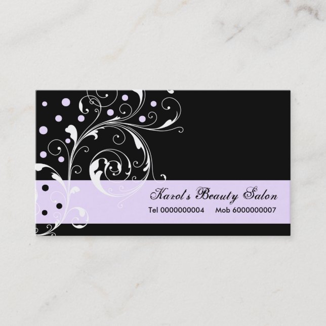 Beauty Salon floral scroll leaf black lilac purple Business Card (Front)