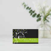 Beauty Salon floral scroll leaf black, lime green Business Card (Standing Front)