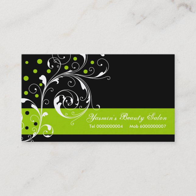 Beauty Salon floral scroll leaf black, lime green Business Card (Front)