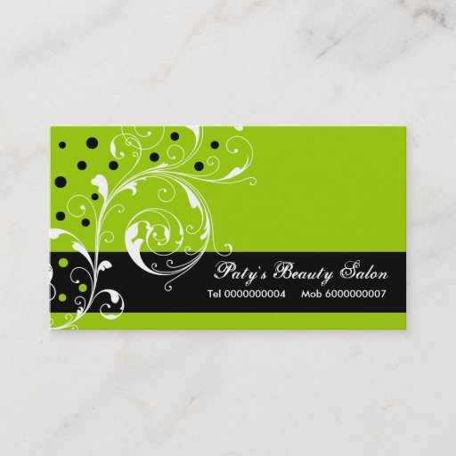 Customizable Beauty Salon floral scroll leaf black, lime green Business Card Template