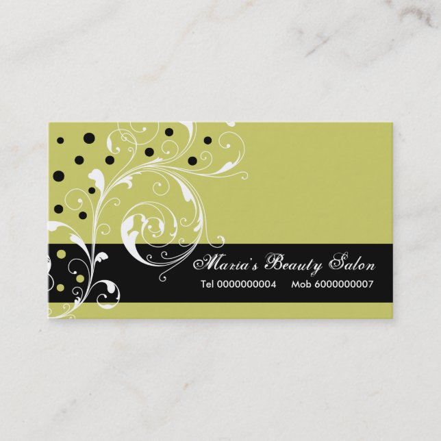 Beauty Salon floral scroll leaf black, olive green Business Card (Front)
