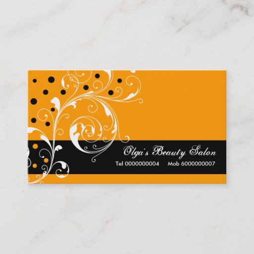 Customizable Beauty Salon floral scroll leaf black, orange Business Cards