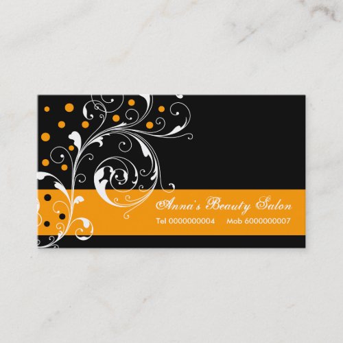 Beauty Salon floral scroll leaf black orange Business Card Templates