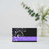 Beauty Salon floral scroll leaf black, purple Business Card (Standing Front)