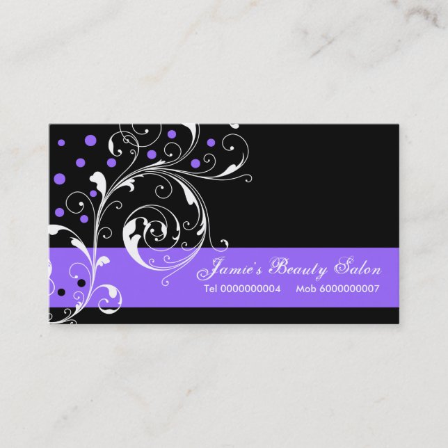 Beauty Salon floral scroll leaf black, purple Business Card (Front)