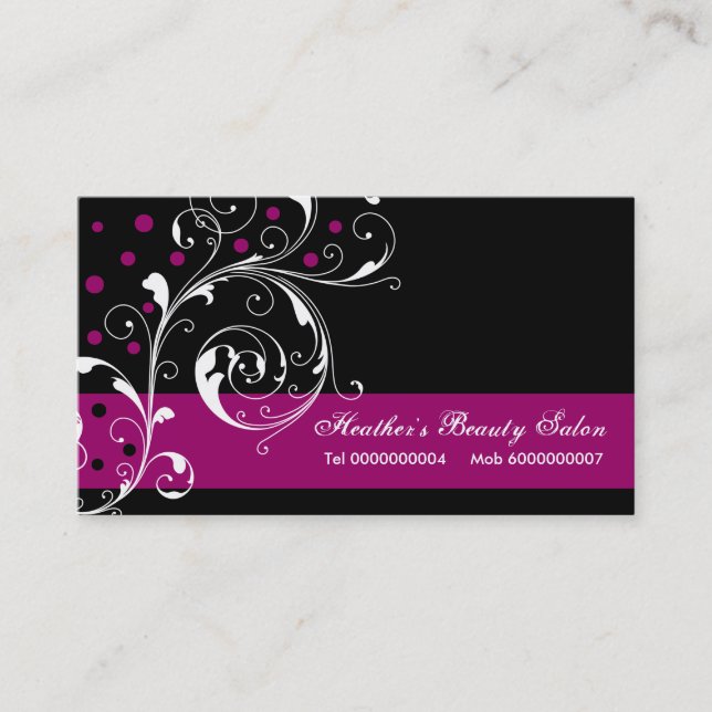 Beauty Salon floral scroll leaf black, purple Business Card (Front)
