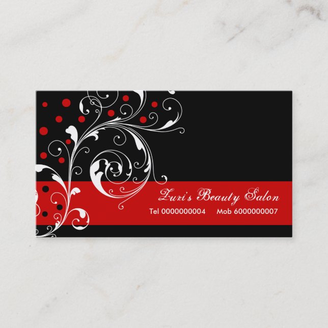 Beauty Salon floral scroll leaf black, red Business Card (Front)