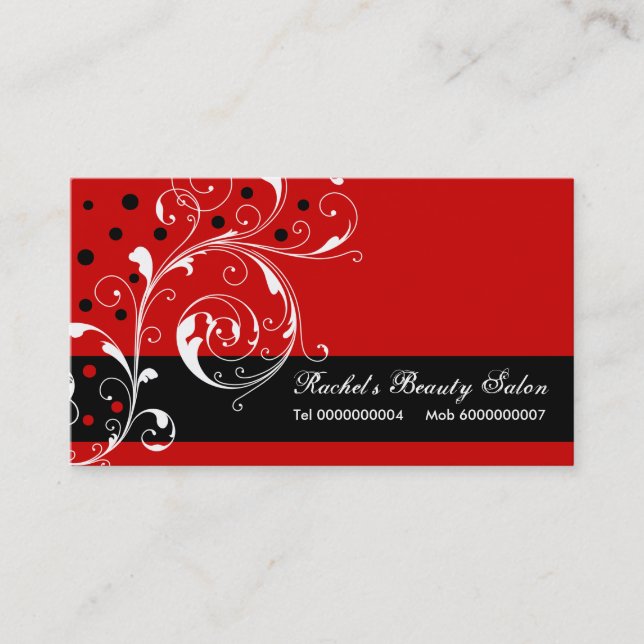 Beauty Salon floral scroll leaf black, red Business Card (Front)