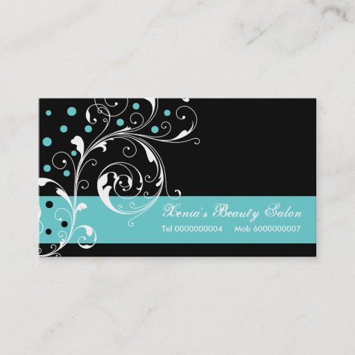 Customizable Beauty Salon floral scroll leaf black, turquoise Business Card Template