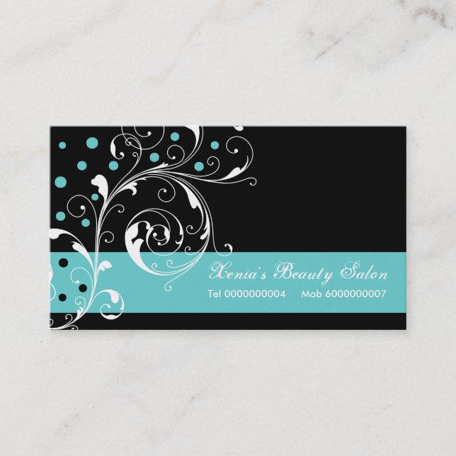 Beauty Salon floral scroll leaf black, turquoise Business Card (Front)
