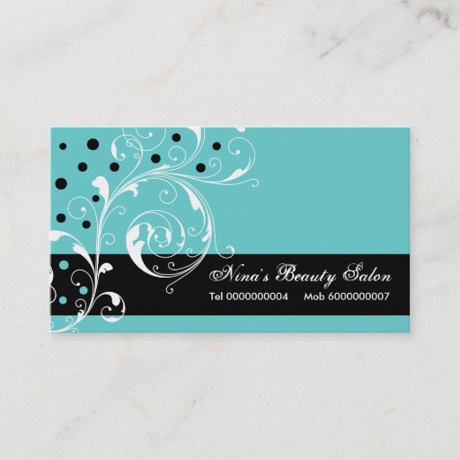 Customizable Beauty Salon floral scroll leaf black, turquoise Business Card Template
