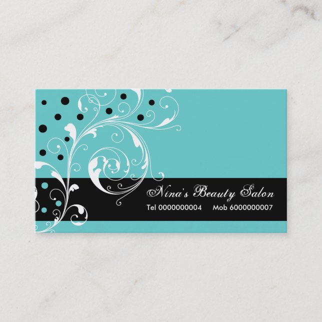 Beauty Salon floral scroll leaf black, turquoise Business Card (Front)