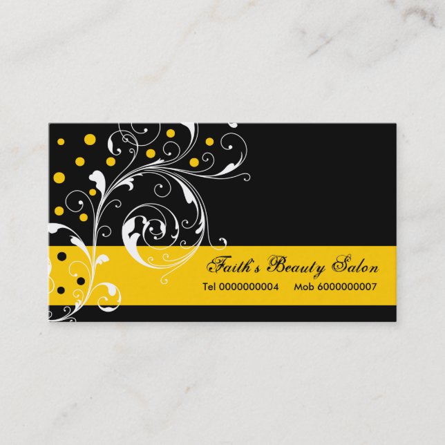 Beauty Salon floral scroll leaf black, yellow Business Card (Front)