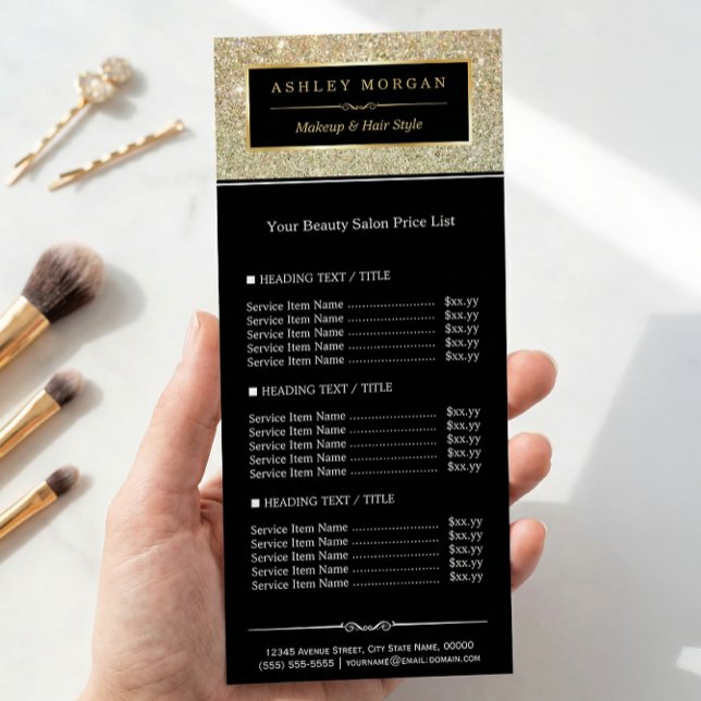 Beauty Salon Funky Gold Glitter Glamour Price List Rack Card (Creator Uploaded)