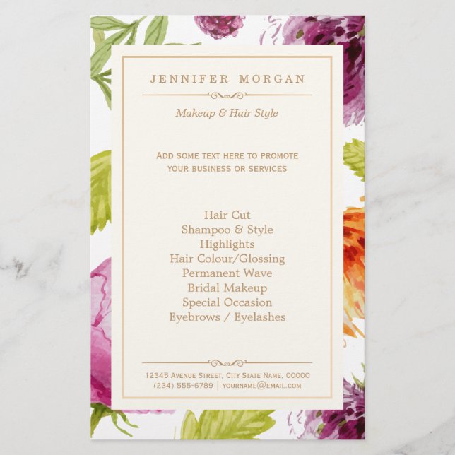 Beauty Salon Garden Floral Boutique Service Menu Flyer (Front)