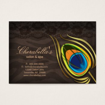 Beauty Salon Gift Card Peacock Feather Brown Suede by spacards at Zazzle