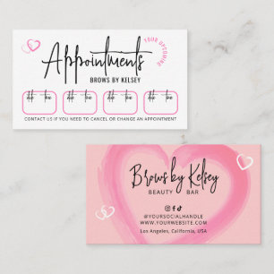 Beauty Salon Girly Pink Watercolor Heart Script Appointment Card