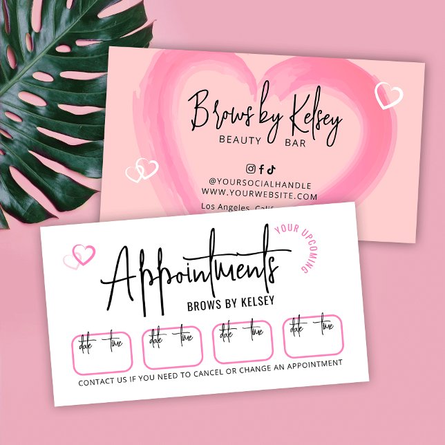 Beauty Salon Girly Pink Watercolor Heart Script Appointment Card (Girly pink hearts beauty salon and spa appointment reminder cards)