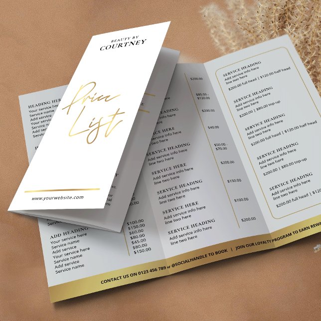 Beauty Salon Glam Gold Logo Tri-Fold Price List Brochure (Creator Uploaded)