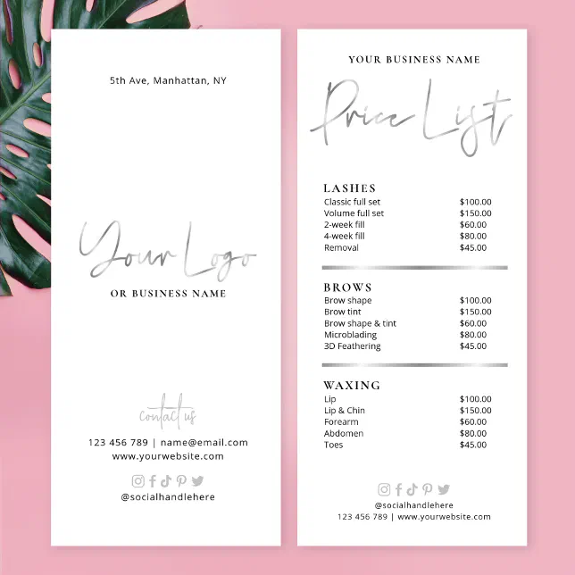 Beauty Salon Glam Silver Logo Trendy Price List Rack Card | Zazzle