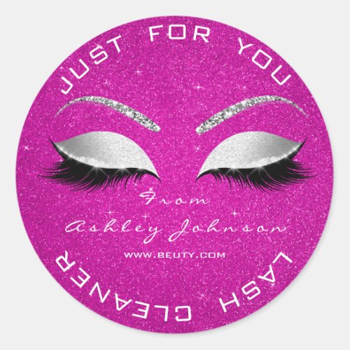 Beauty Salon Glitter Hot Pink Rose Lashes Cleaner Classic Round Sticker