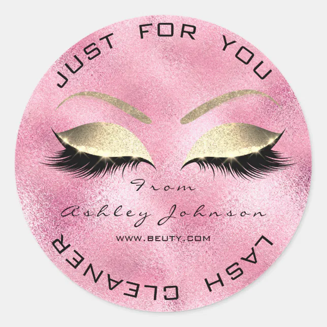 Beauty Salon Glitter Pink Gold Lash Cleaner Glass Classic Round Sticker Zazzle 0310