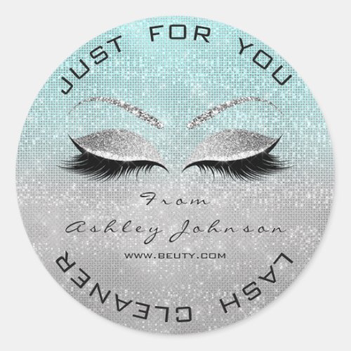 Beauty Salon Glitter Water Lash  Blue Gray Ombre Classic Round Sticker