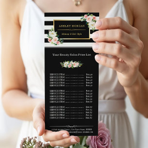 Beauty Salon Gold Blush Floral Stripes Price List Rack Card