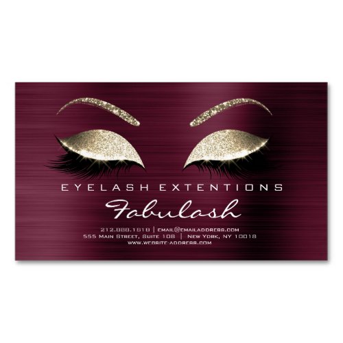 Beauty Salon Gold Glitter Adress Lashes Burgundy Magnetic Business Card