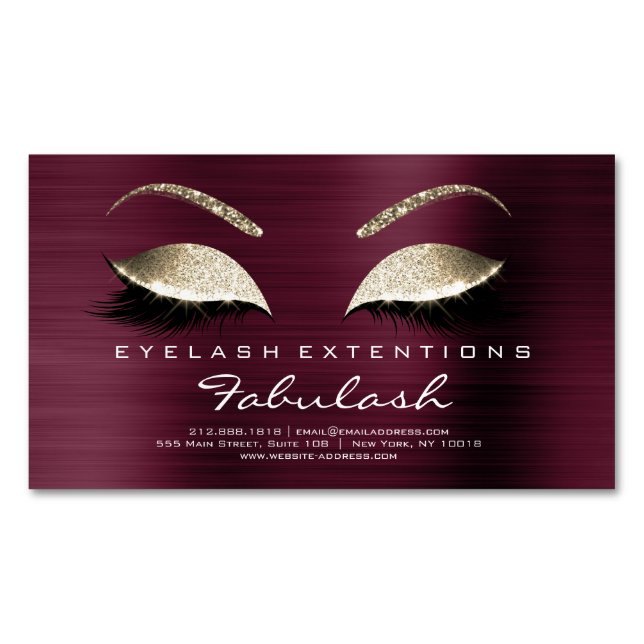 Beauty Salon Gold Glitter Adress Lashes  Burgundy Magnetic Business Card (Front)