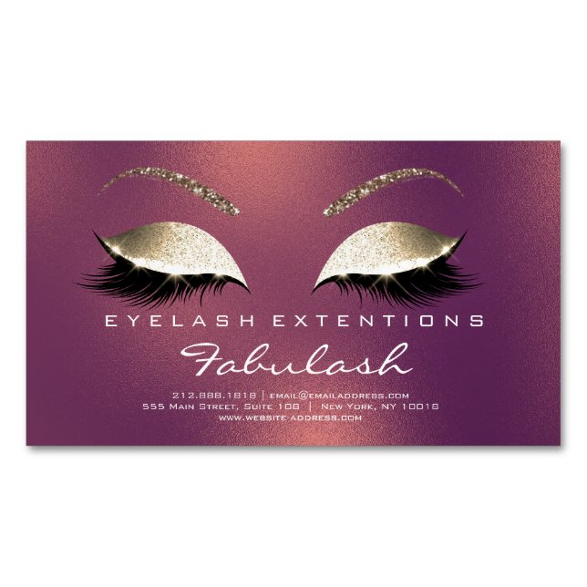 Beauty Salon Gold Glitter Adress Lashes Copper Magnetic Business Card (Front)