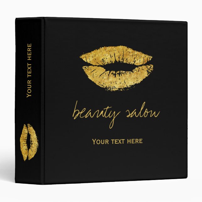 Beauty salon gold glitter lips black office 3 ring binder (Front/Spine)
