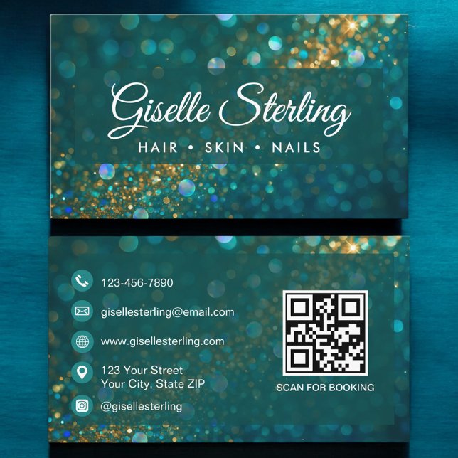 Beauty Salon Gold Glitter Teal QR Code Business Card (Creator Uploaded)