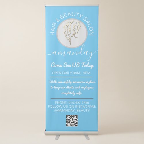 Beauty Salon Golden Logo Hairdresser QR Code Blue Retractable Banner
