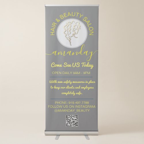 Beauty Salon Golden Logo Hairdresser QR Code Gray Retractable Banner