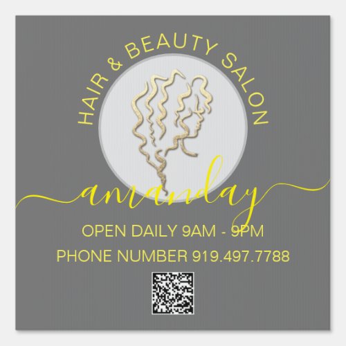 Beauty Salon Gray Yellow Gold Logo Hair QR CODE Sign