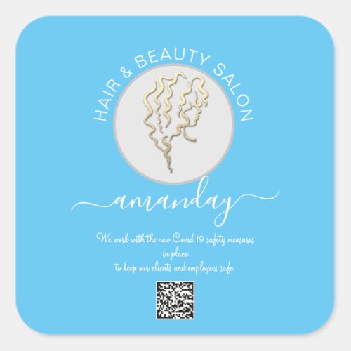 Beauty Salon Hair Covid Reopen Logo Hair QR Blue Square Sticker